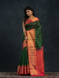 Pure handloom Korvai Saree Lakshadeepam Dark Green With Golden Red Border - 016