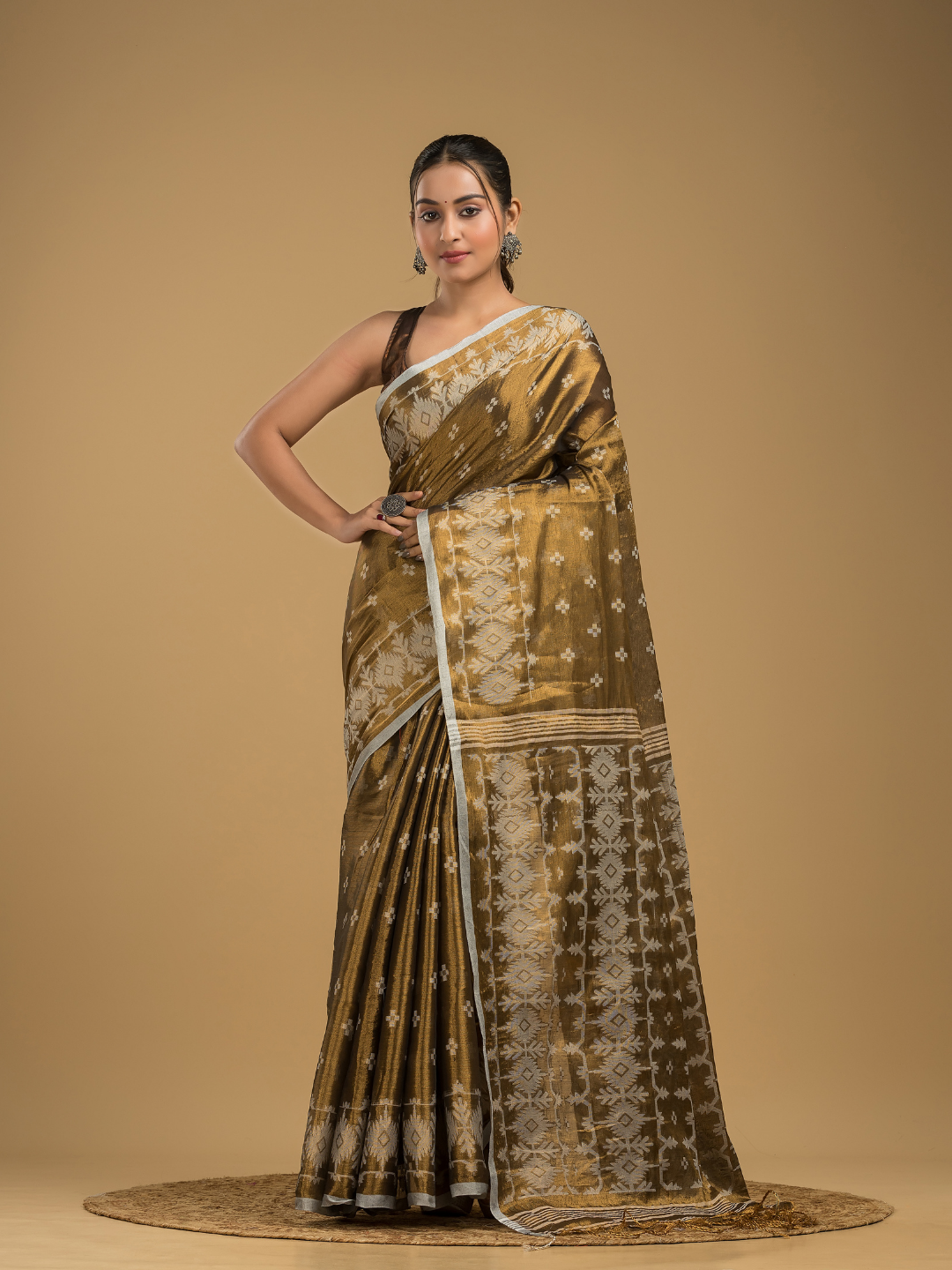 Army Green Tissue Silk Jamdani Saree - 013