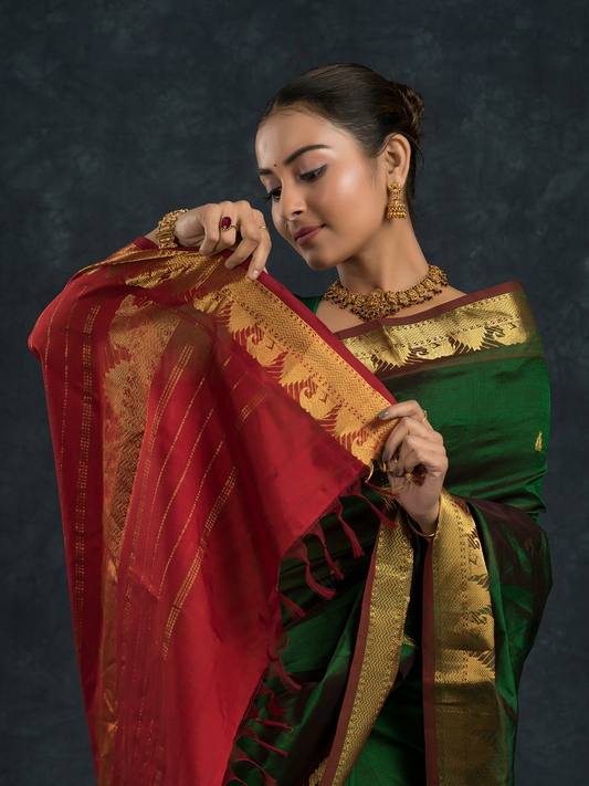 Korvai Saree in Pine Green and Golden Red Pallu  - 075