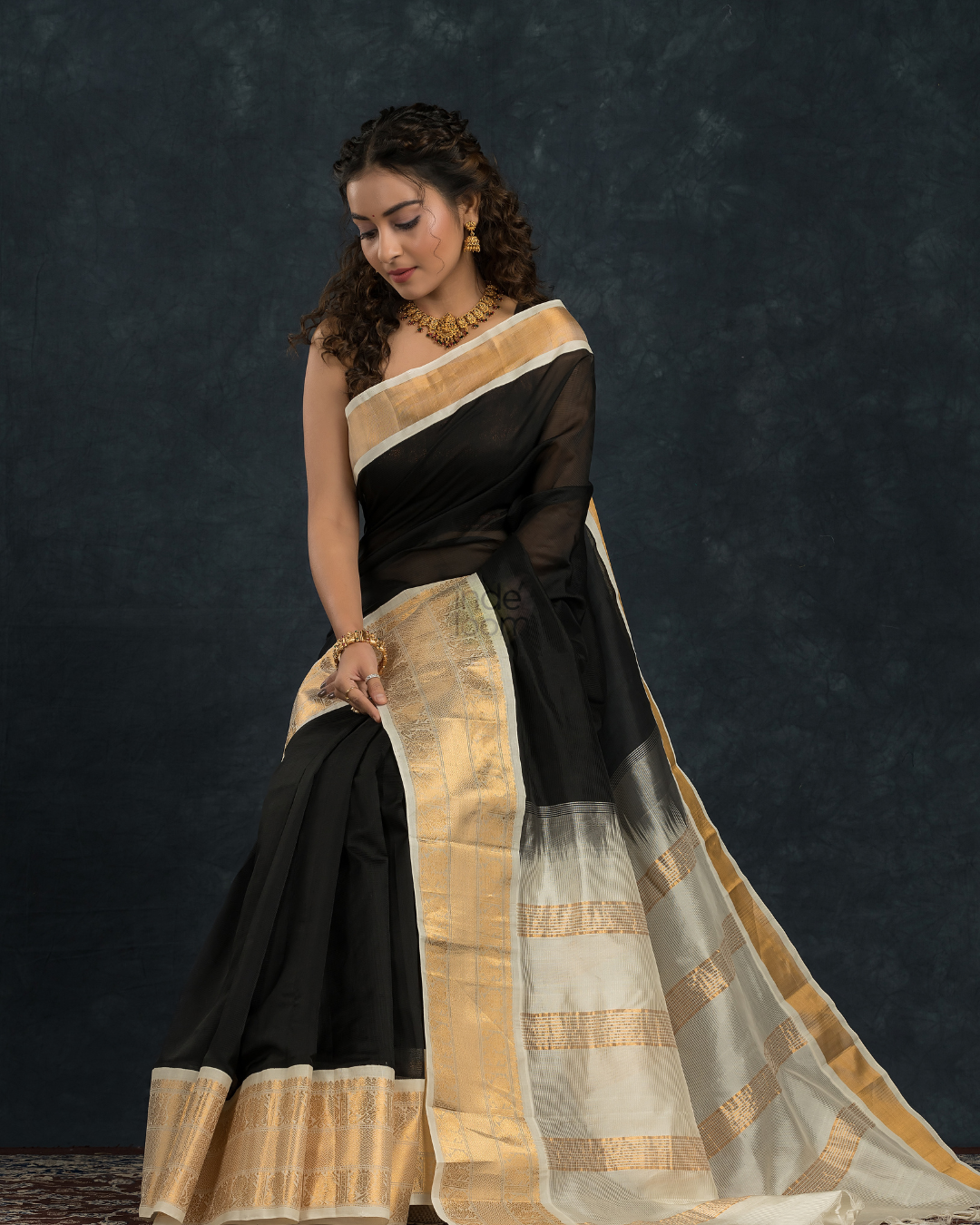 Pure handloom Korvai Saree Rich Black With White Border - 106