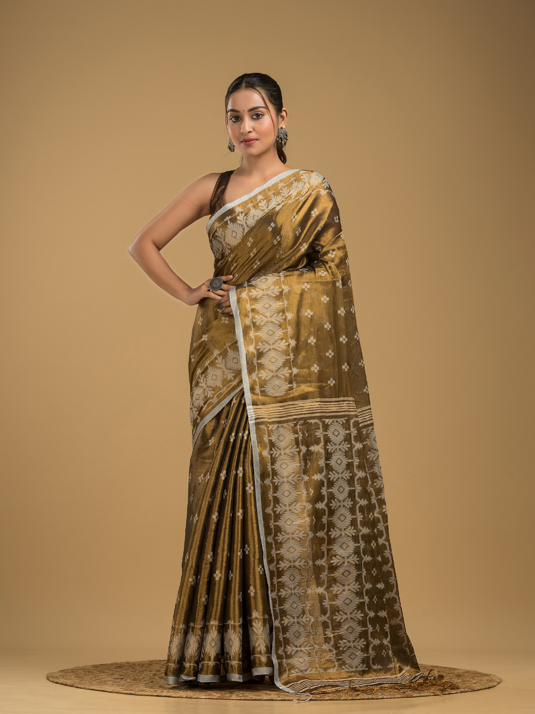 Army Green Tissue Silk Jamdani Saree - 013