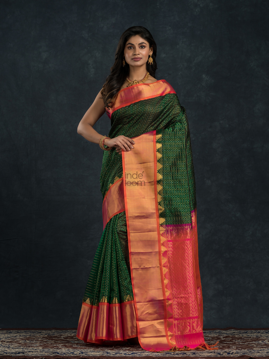 Pure handloom Korvai Saree Lakshadeepam Dark Green With Golden Red Border - 016