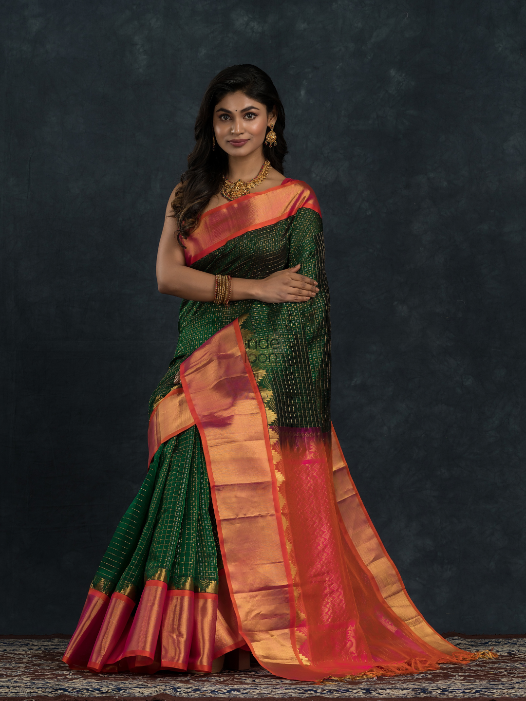 Pure handloom Korvai Saree Lakshadeepam Dark Green With Golden Red Border - 016