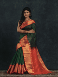 Pure handloom Korvai Silk Cotton Lakshadeepam Saree in Dark Green and Golden Red Border - 016