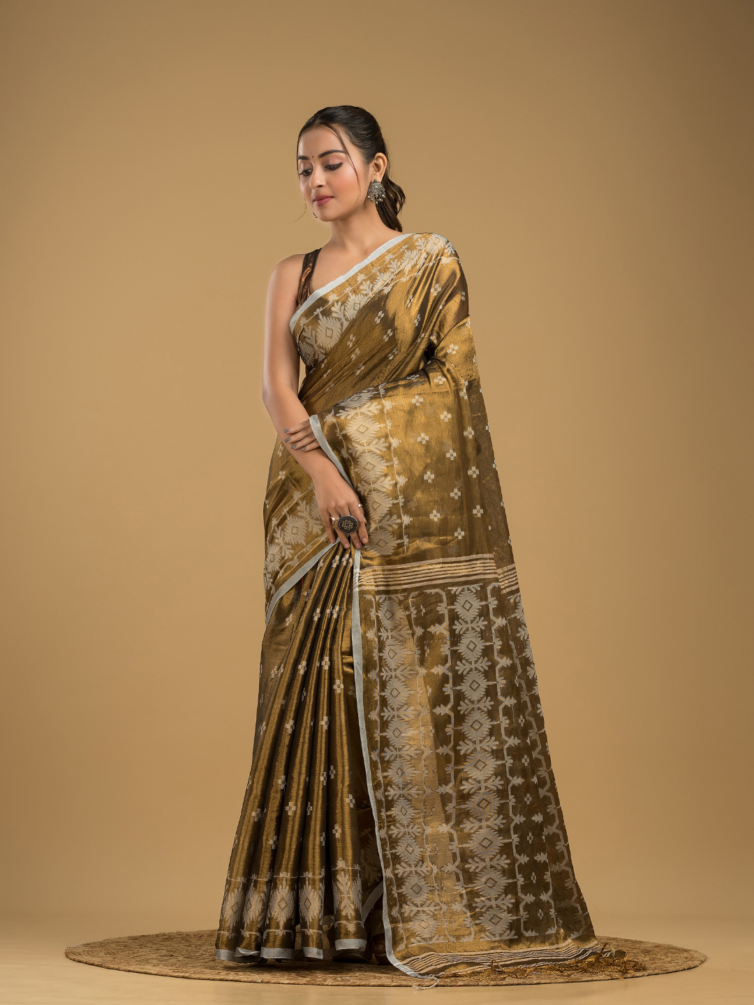 Army Green Tissue Silk Jamdani Saree - 013