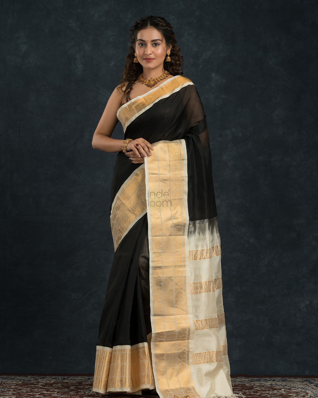 Pure handloom Korvai Saree Rich Black With White Border - 106