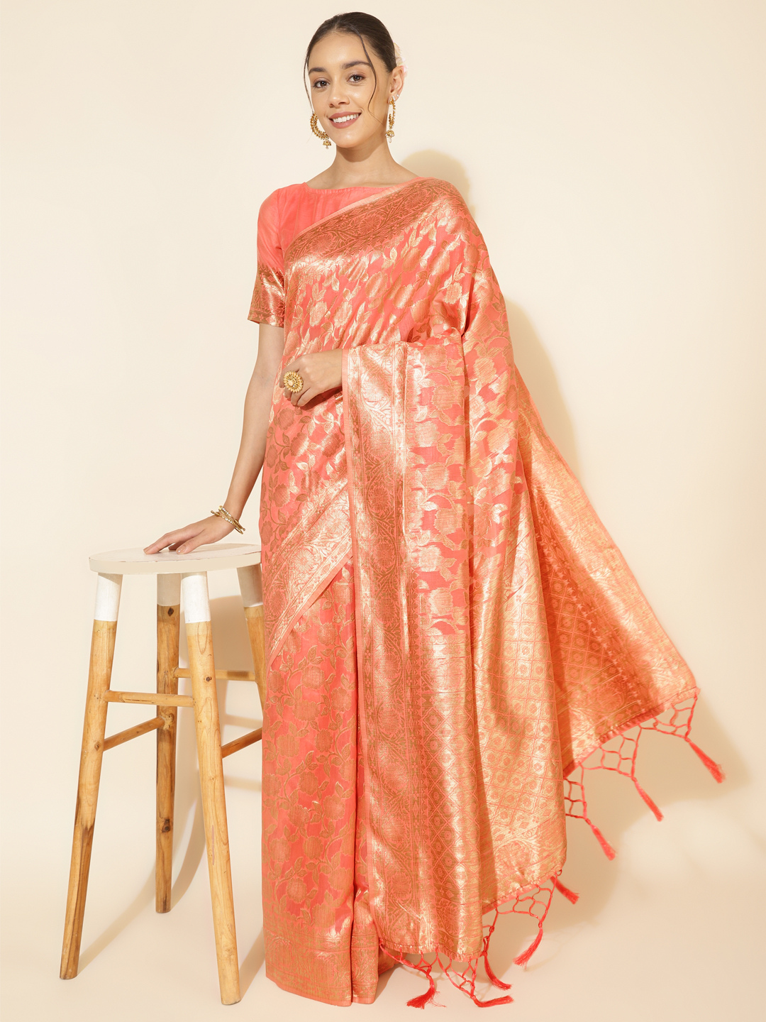 Chanderi Silk Floral Saree in Peach Pink (Precision Looms) -010