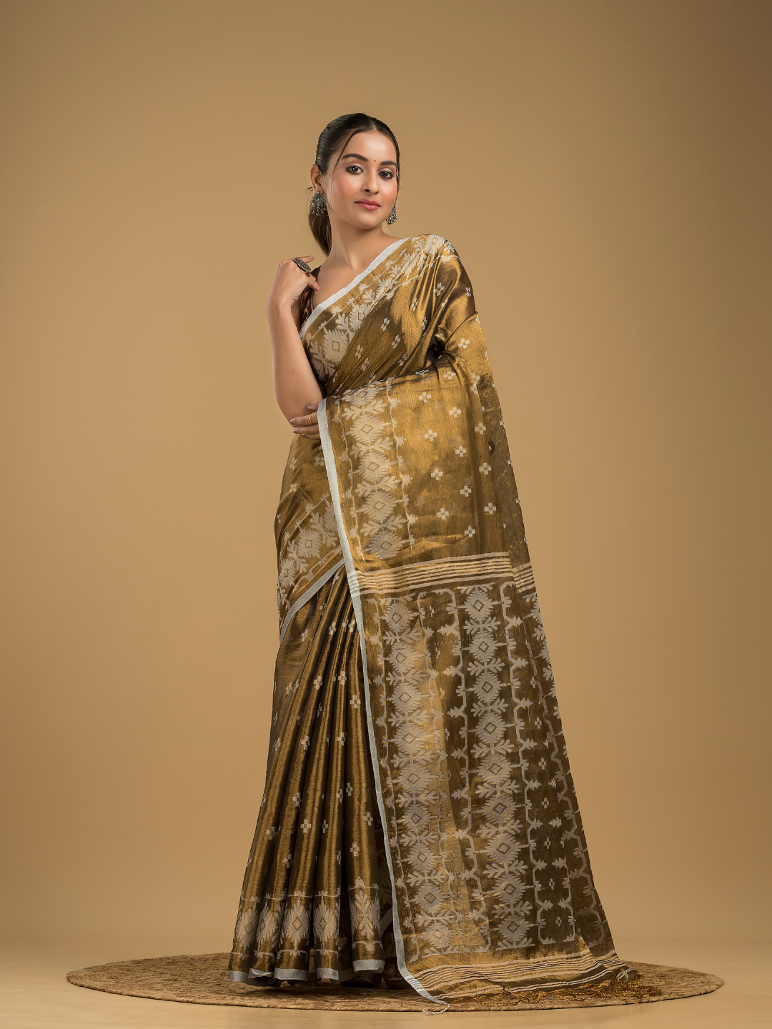 Army Green Tissue Silk Jamdani Saree - 013