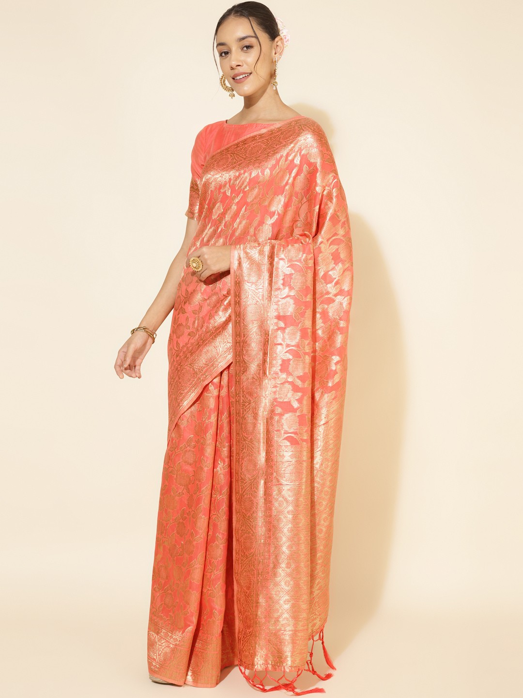 Chanderi Silk Floral Saree in Peach Pink (Precision Looms) -010