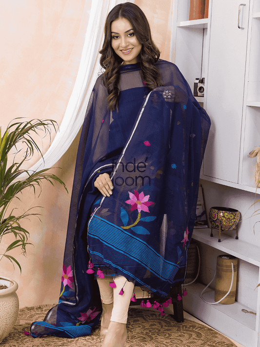 Berry Blue Jamdani 2-Piece Set Kurti & Dupatta (UNSTITCHED) -529 - indeloom