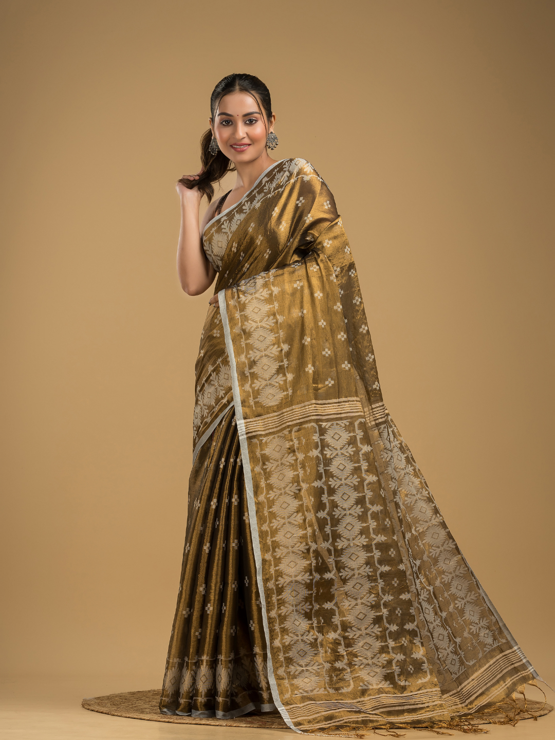 Army Green Tissue Silk Jamdani Saree - 013