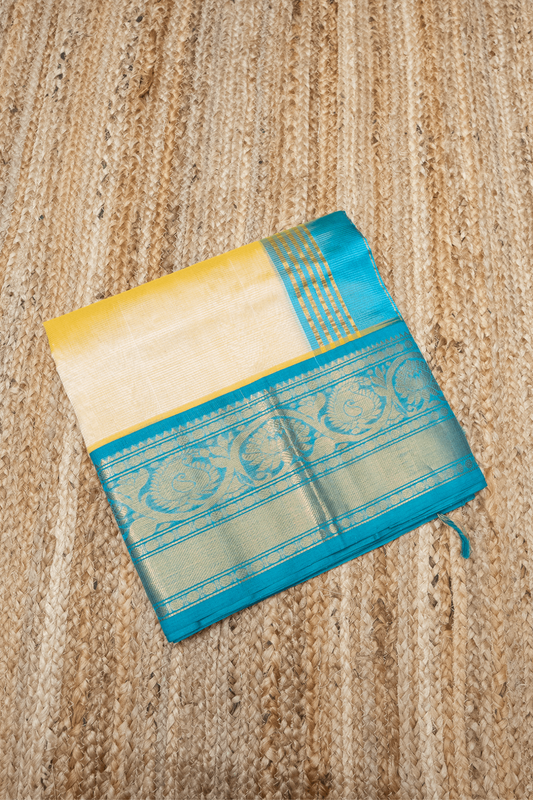 Beigh White and  Sky Blue  Border Korvai Saree- 014