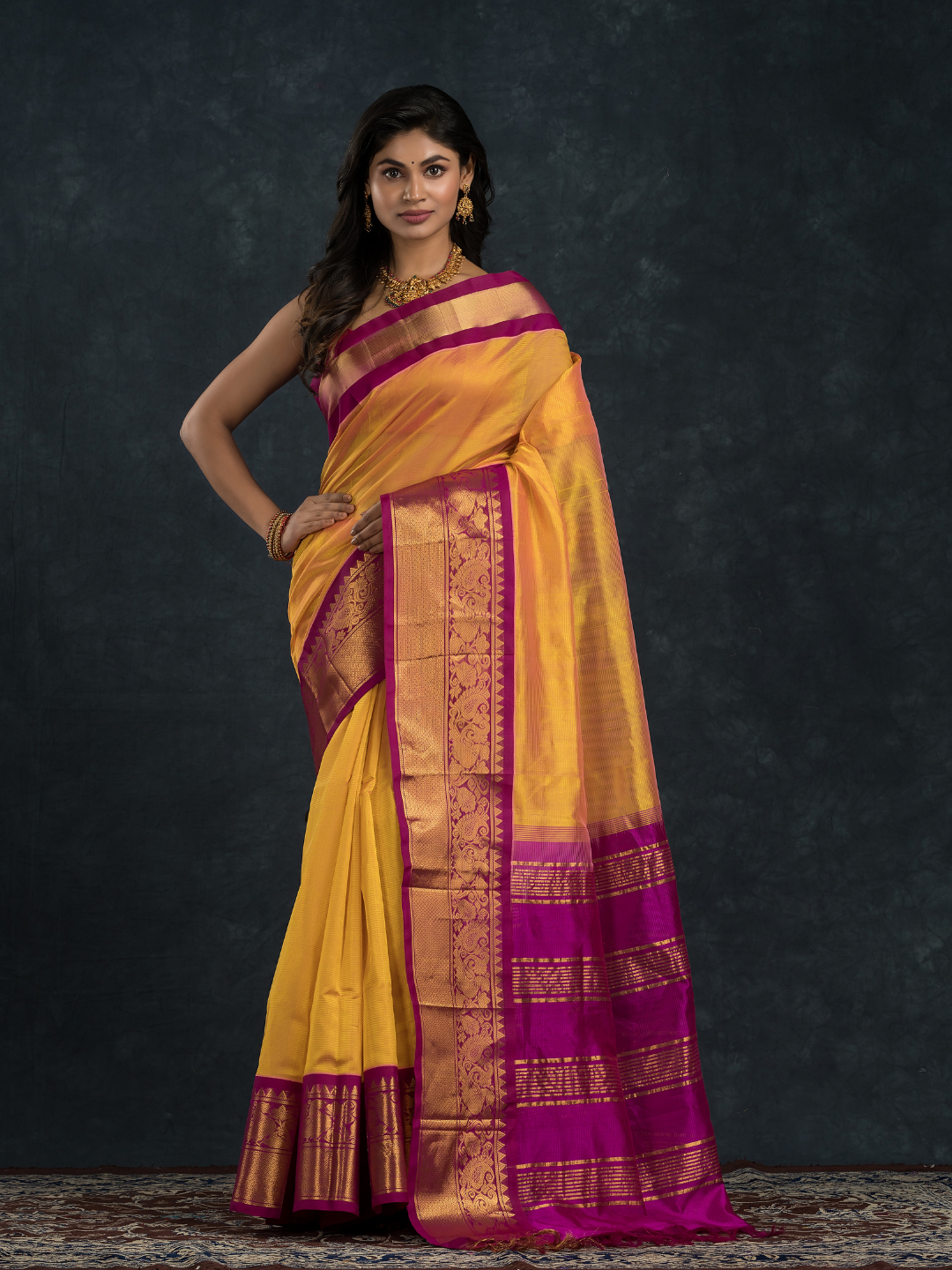 Bright Yellow With Golden Purple Border Korvai Saree - 099