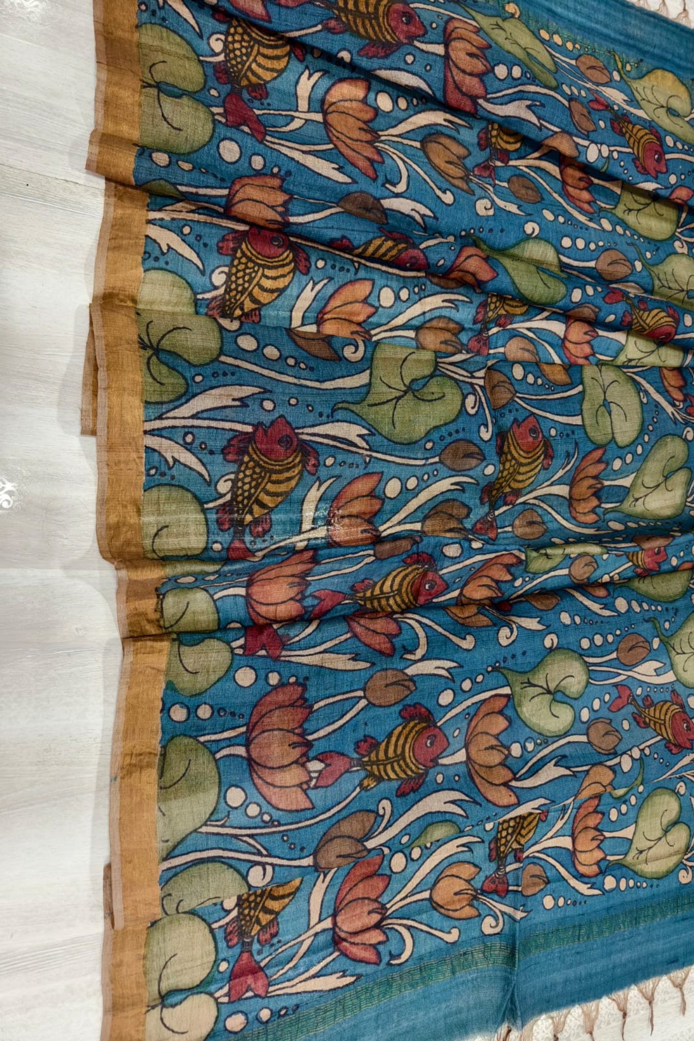 Classic Blue Design Tussar Silk Kalamkari Dupatta -022