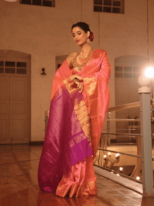 Pure Handloom Korvai Silk Cotton Paithani inspired Saree in Light Pink Birds Design and Golden Border with Parrot Buttas  - 141