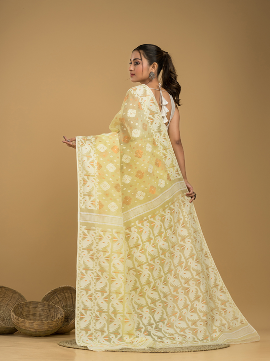 Pale Yellow Cotton Silk Jamdani Saree - 021