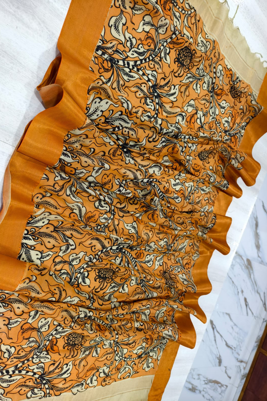 Neon Orange Design Bangalore silk Kalamkari Dupatta  -007