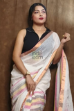 Handloom Linen Checks Saree with  Multi Color Stripe Design-001