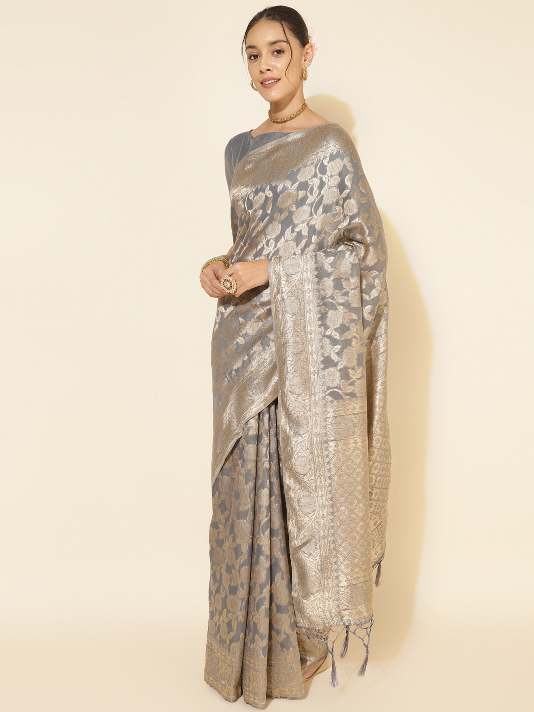 Chanderi Silk Floral Saree in Grey (Precision Looms) -004