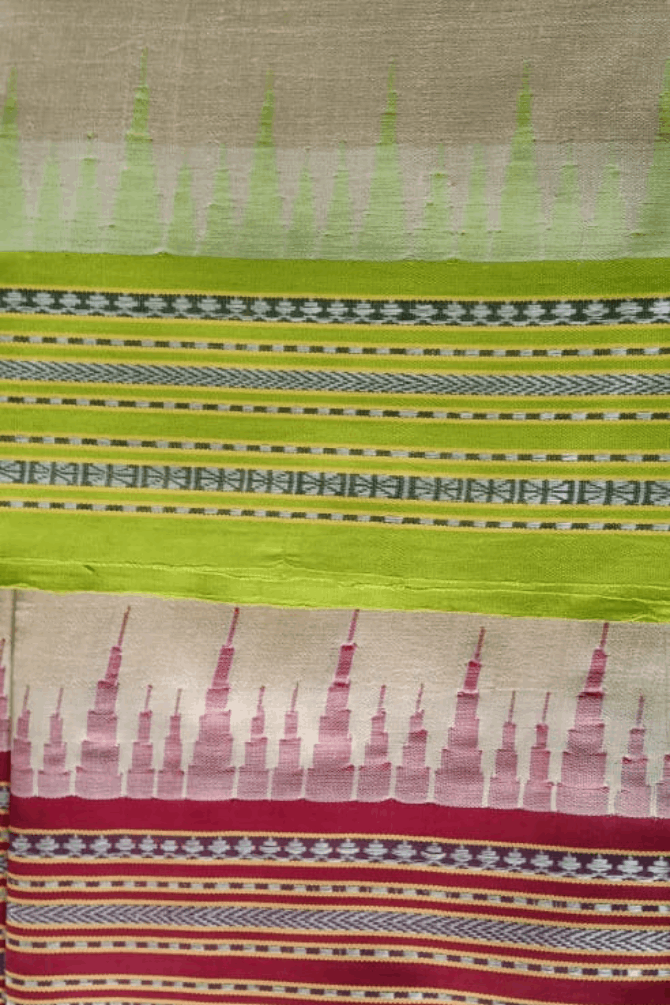 Beige & Green, Handloom Vidarbha Tussar Silk Saree with Multicolor Contrast Border-025