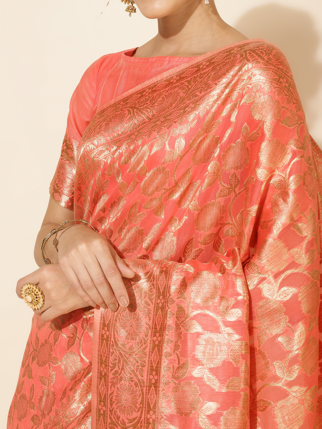 Chanderi Silk Floral Saree in Peach Pink (Precision Looms) -010