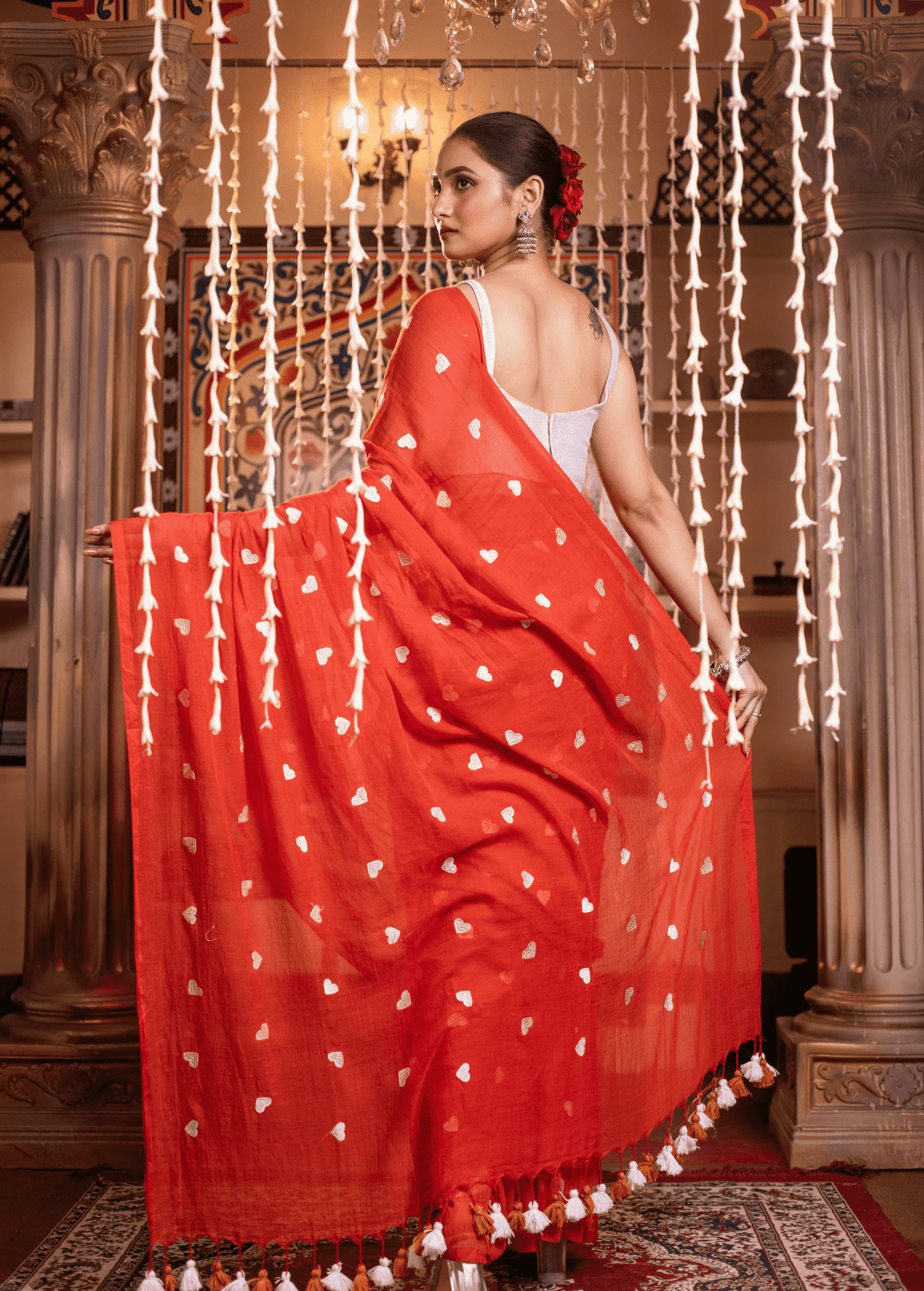 Classic Red Mul Mul Cotton Saree - 030 - indeloom