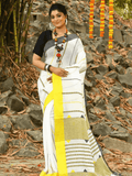 Cream White Yellow Border -Handloom Cotton Saree-075