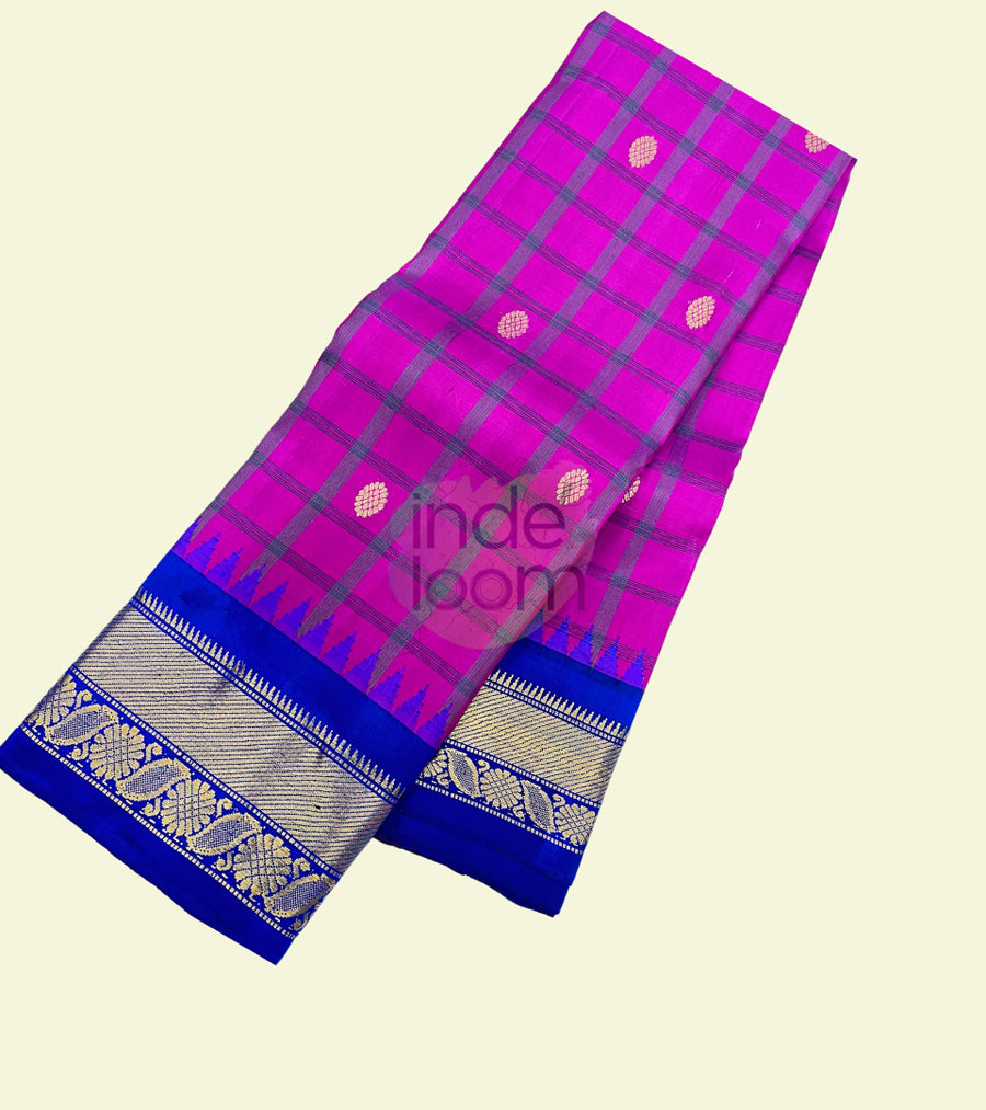 Dark Pink Silk Dotted  with Royal Blue Pallu and Border with Full Silk Design. Kanjivaram Saree-027