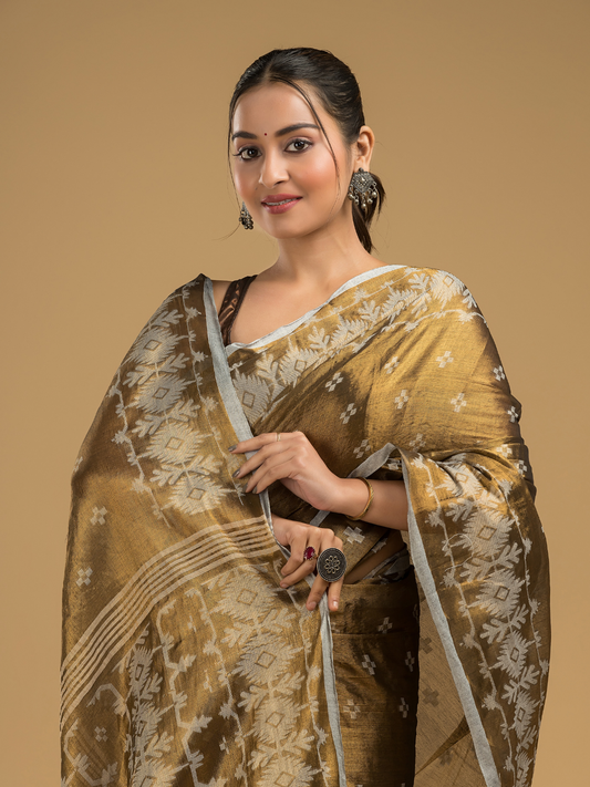 Army Green Tissue Silk Jamdani Saree - 013