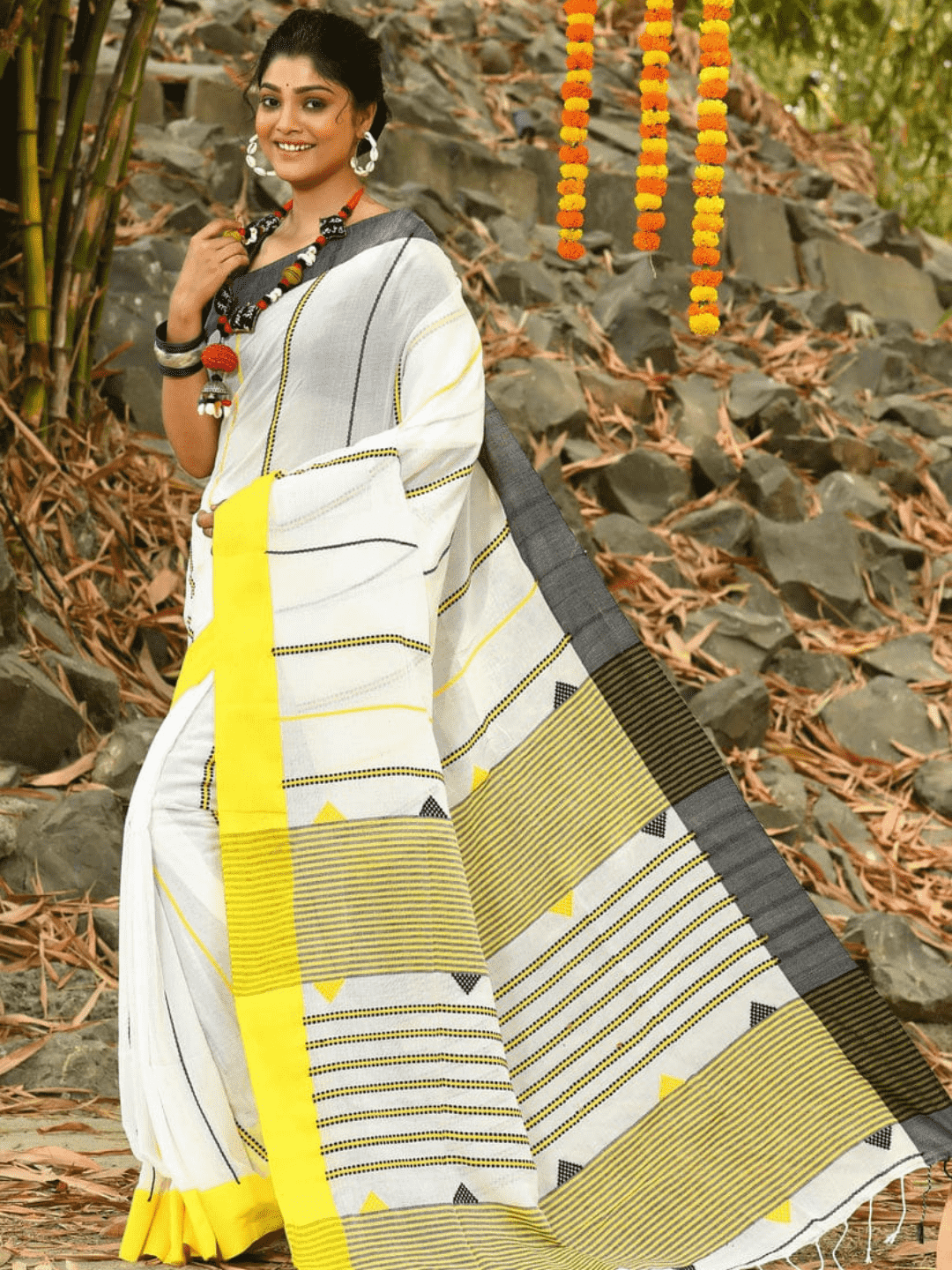 Cream White Yellow Border -Handloom Cotton Saree-075