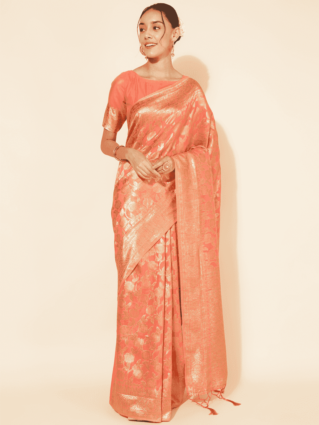 Chanderi Silk Floral Saree in Peach Pink (Precision Looms) -010