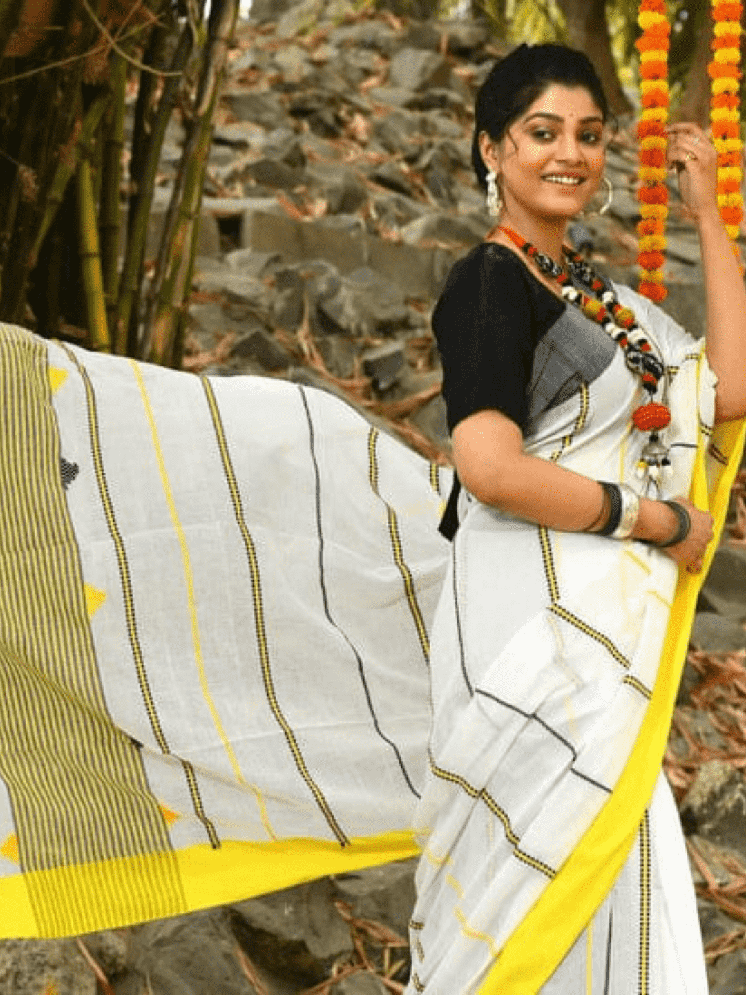 Cream White Yellow Border -Handloom Cotton Saree-075