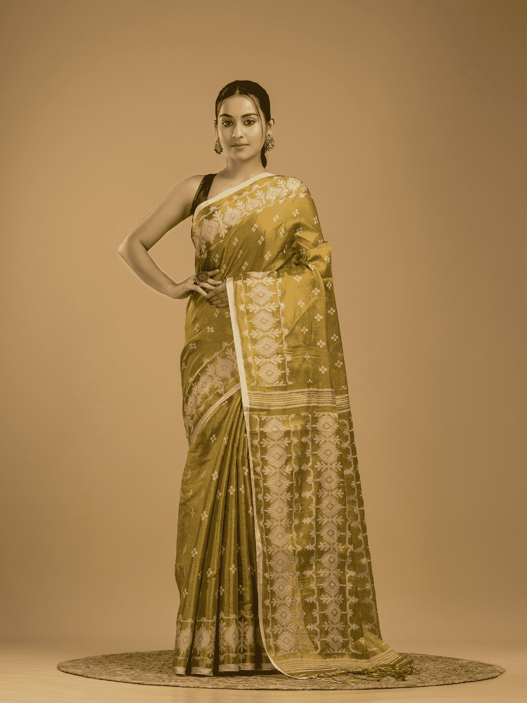 Olive Green Tissue Silk Jamdani Saree - 014