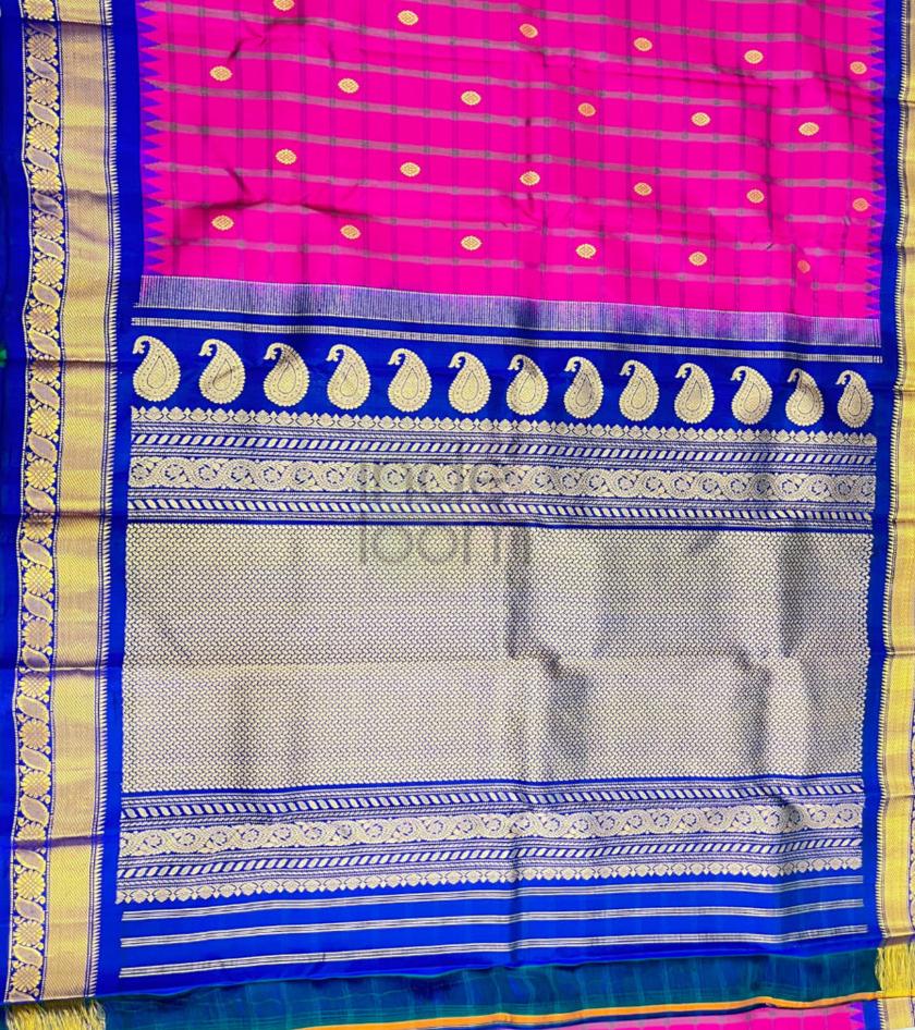 Dark Pink Silk Dotted  with Royal Blue Pallu and Border with Full Silk Design. Kanjivaram Saree-027