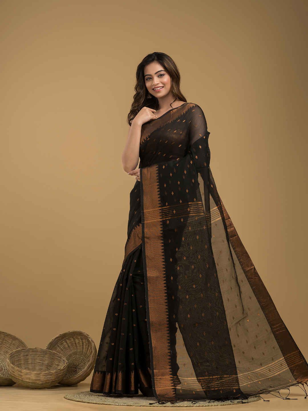 Coal Black Cotton Silk 1000 Butti Jamdani Saree - 034