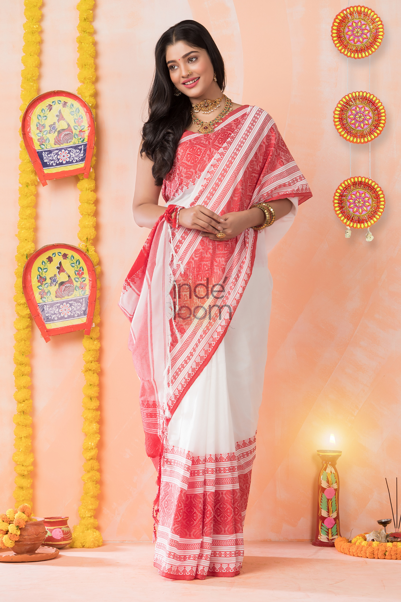 Dewali Saree with Pure White and Red Border-039 - indeloom