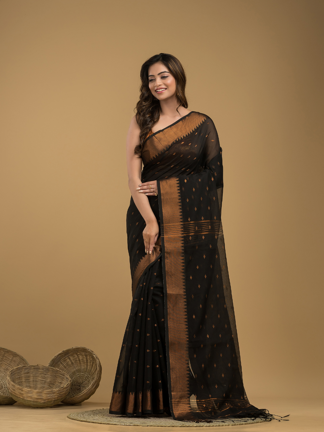 Coal Black Cotton Silk 1000 Butti Jamdani Saree - 034