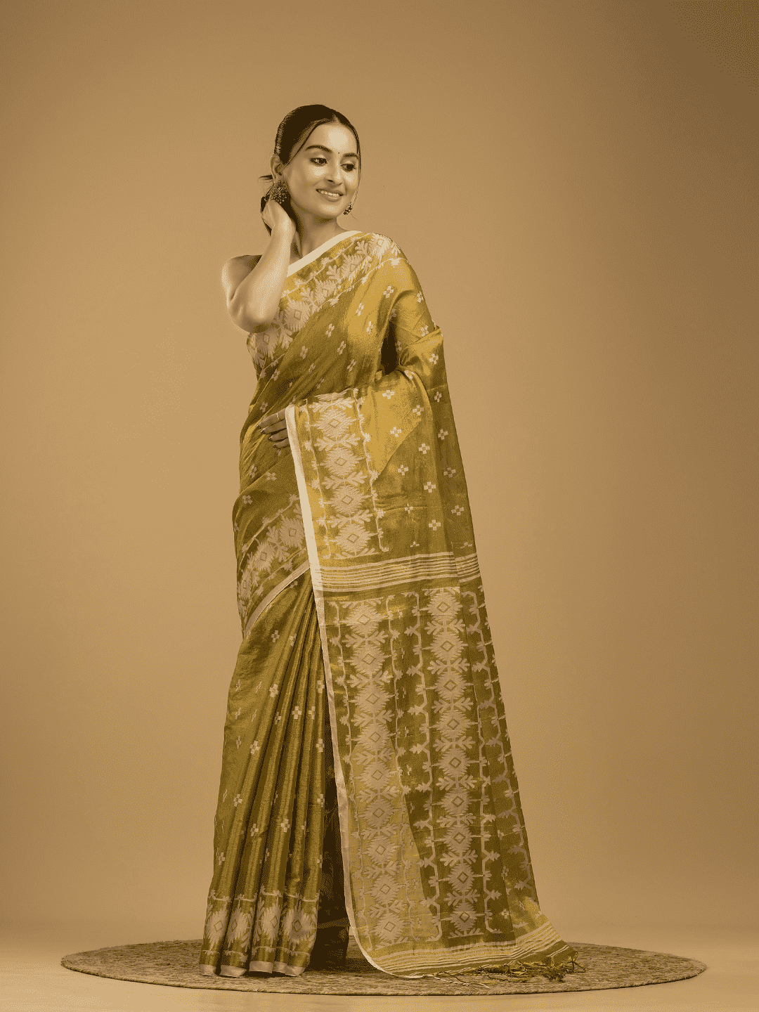 Olive Green Tissue Silk Jamdani Saree - 014