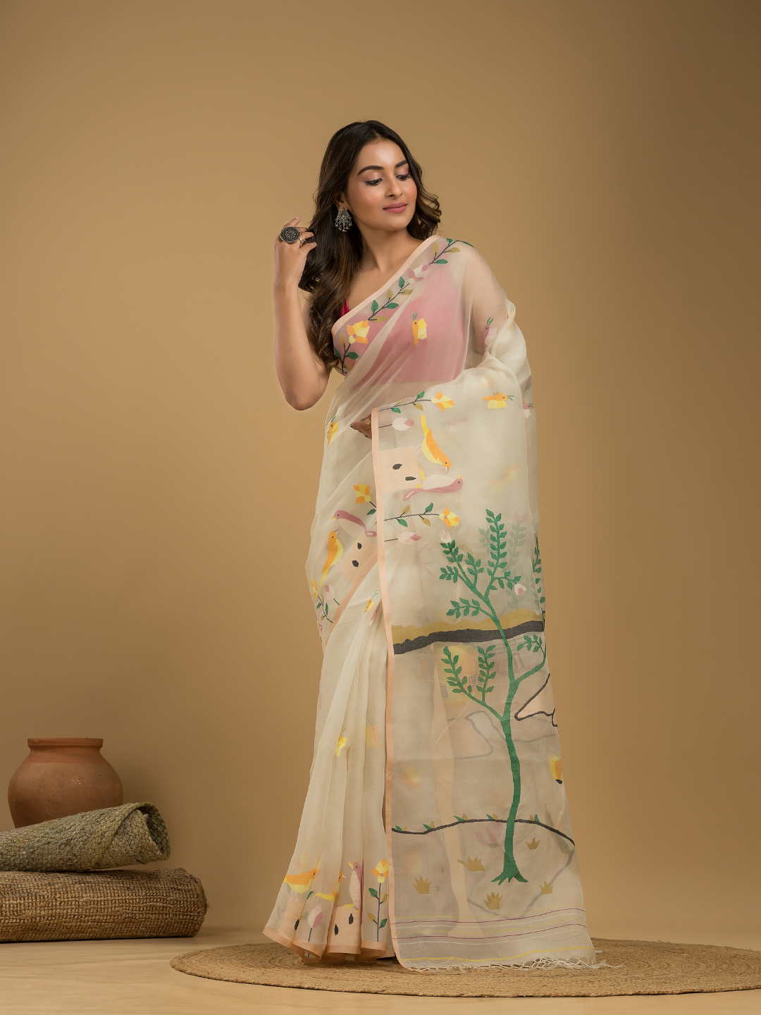 Muslin Jamdani Saree With Linen White - 014