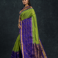 Korvai Saree Parrot Buttas with Paithani Border - Lime Green with Blue border - 143