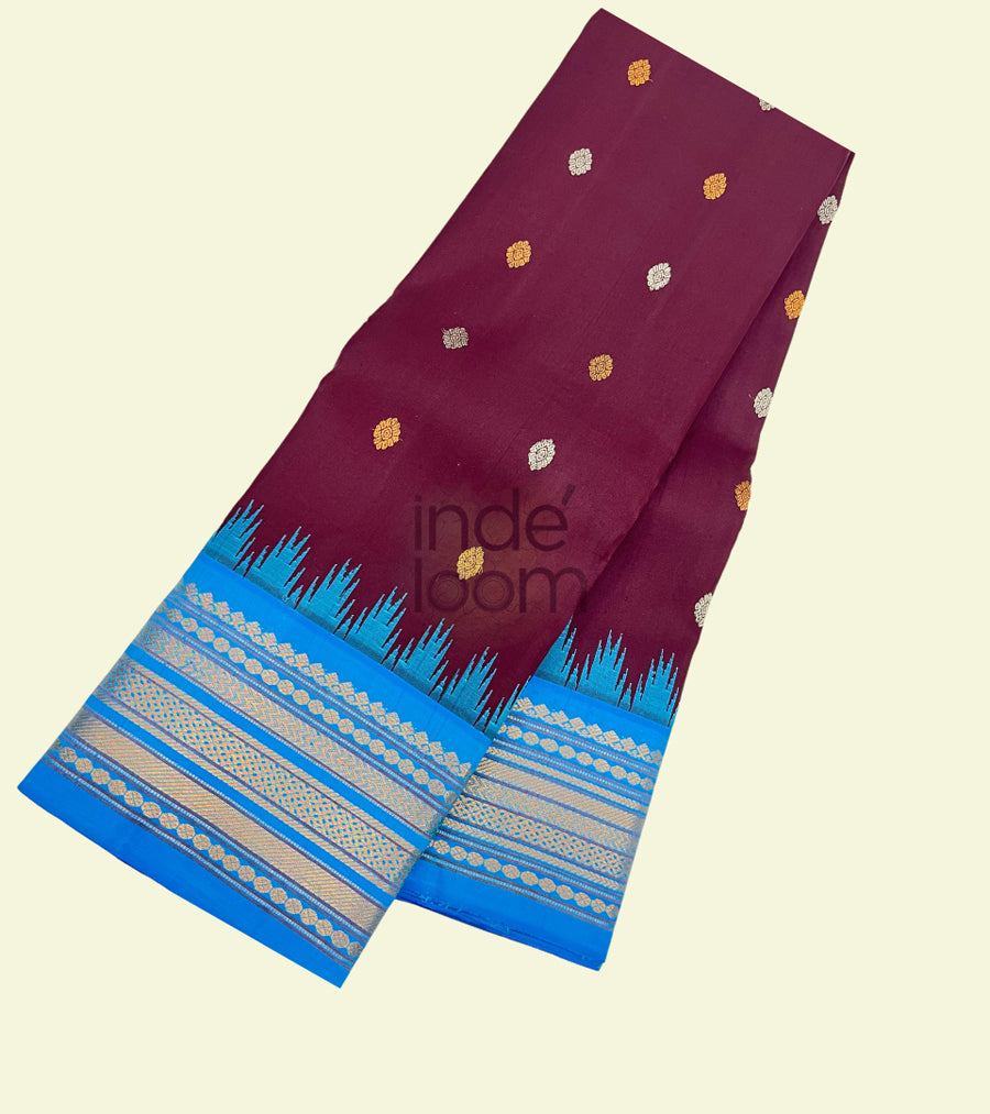 Maroon  with Florescent Blue Border and Pallu with Silk Design Kanjivaram Saree-030