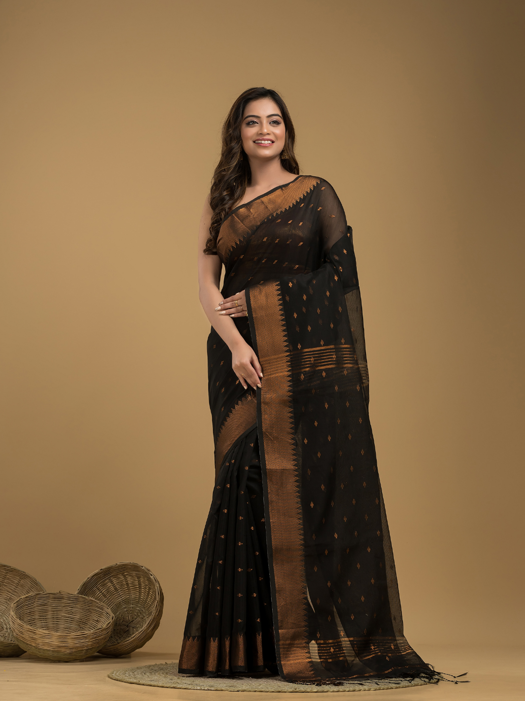 Coal Black Cotton Silk 1000 Butti Jamdani Saree - 034