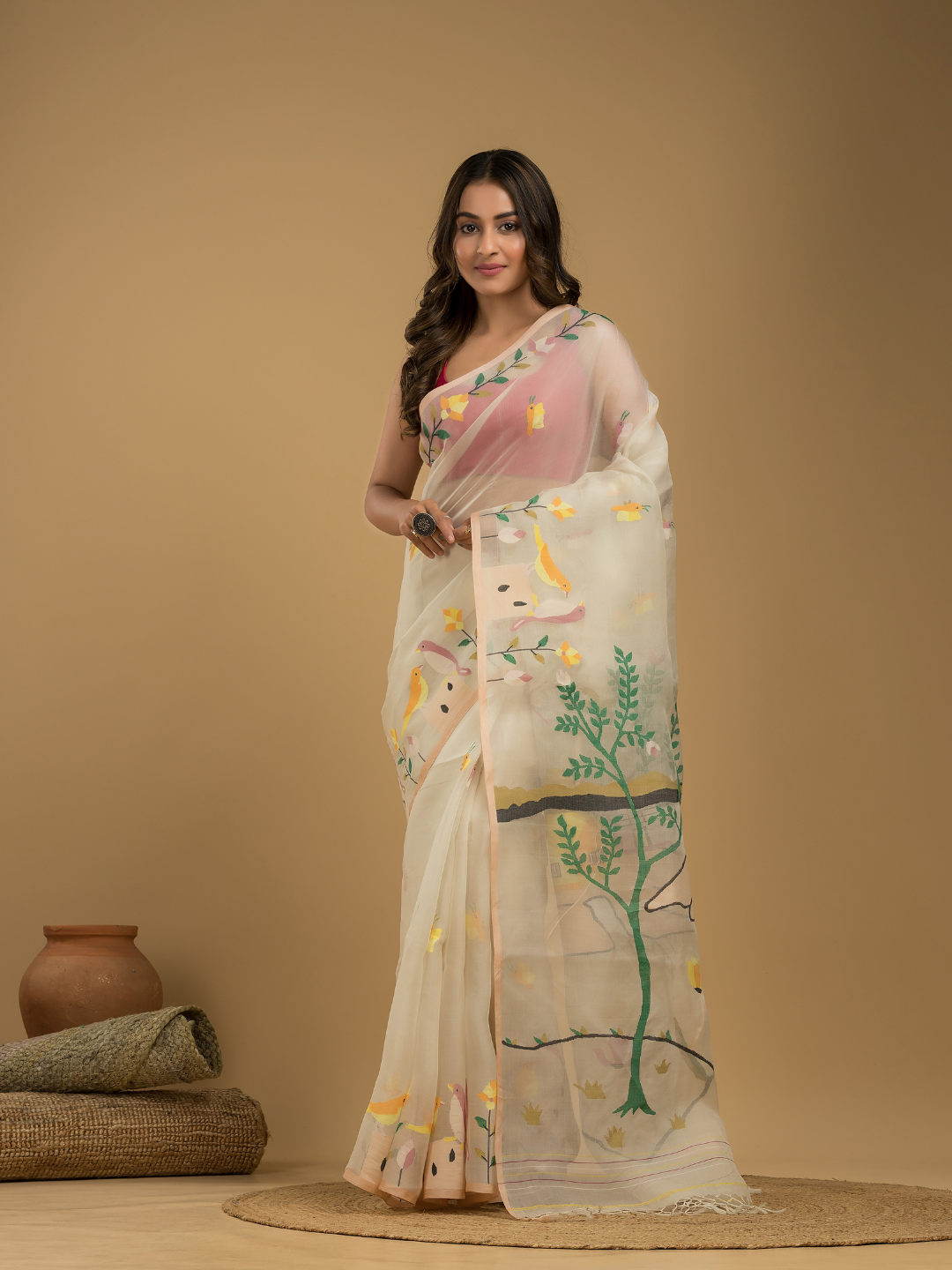 Muslin Jamdani Saree With Linen White - 014