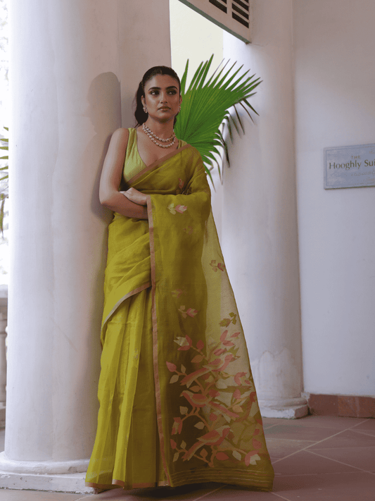 Olive Green Hand Made Jamdani Saree-097