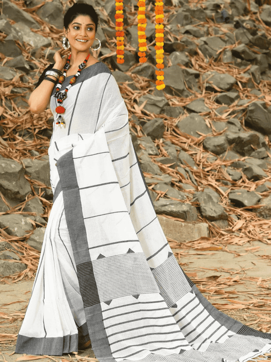 Powder White -Handloom Cotton Saree-074