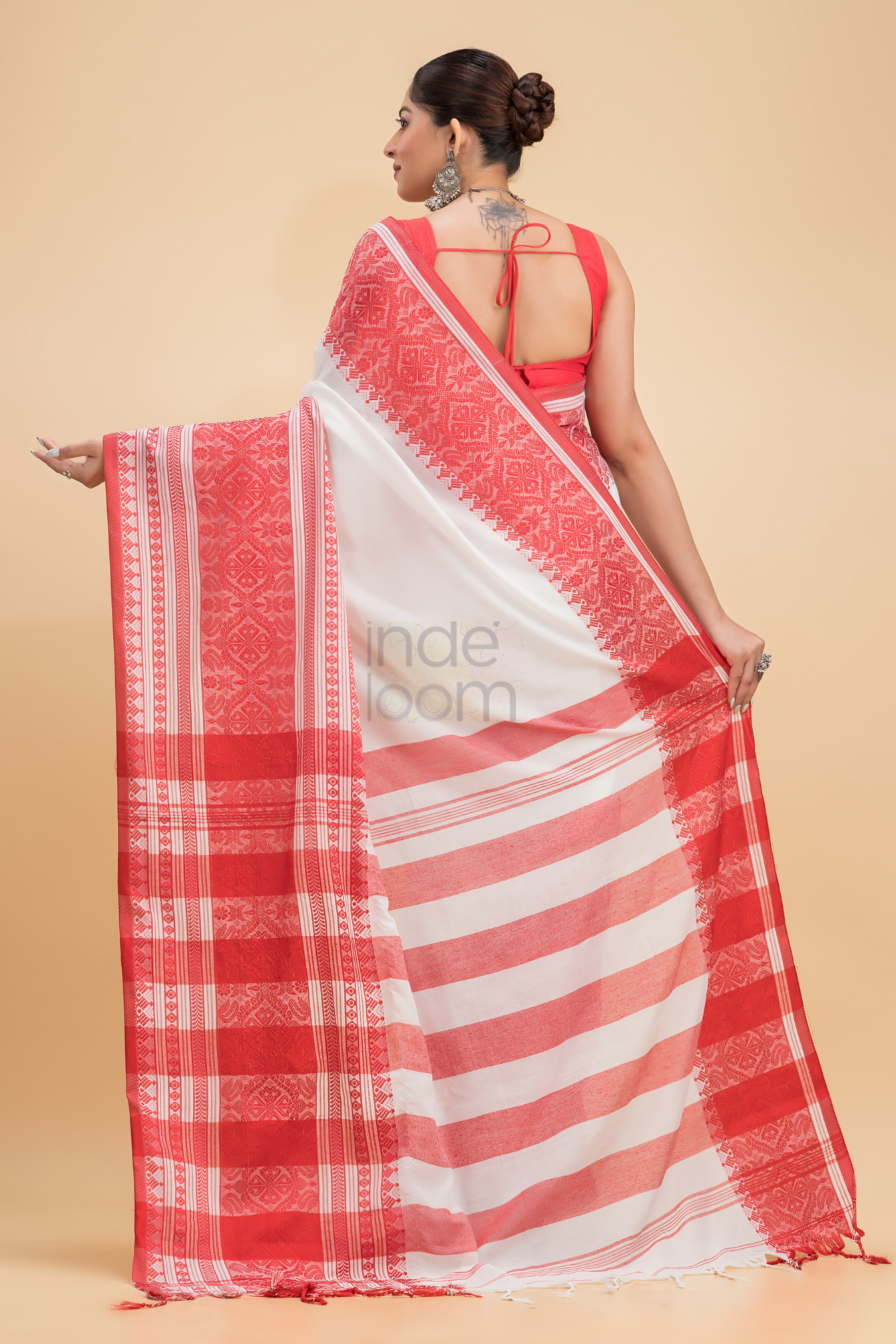 Durga Puja Saree Handloom Cotton in  Red White-013