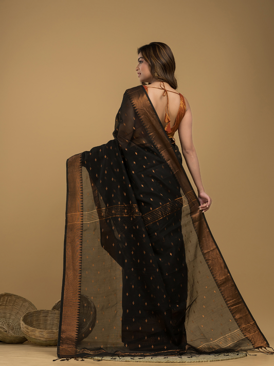 Coal Black Cotton Silk 1000 Butti Jamdani Saree - 034