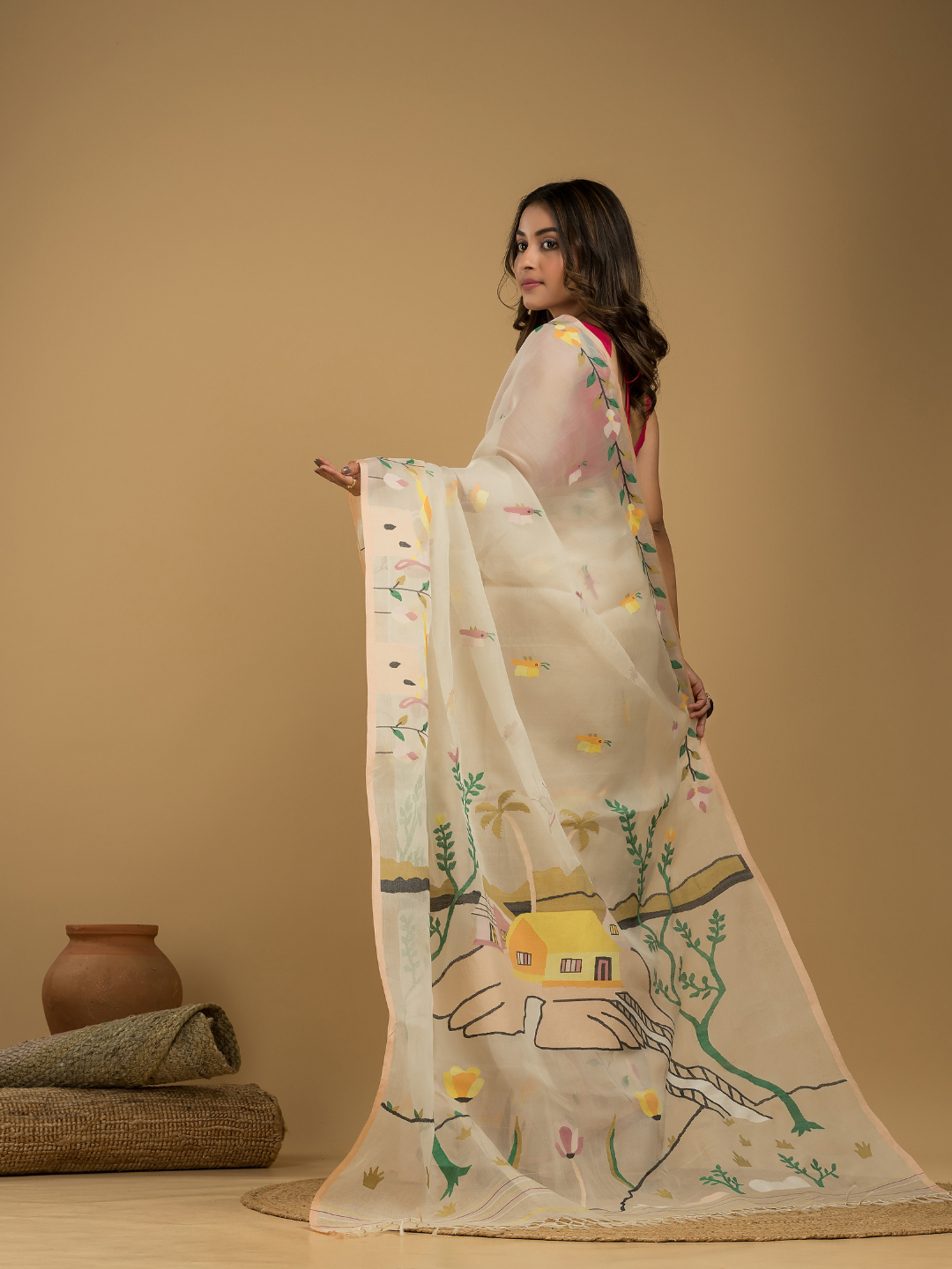 Muslin Jamdani Saree With Linen White - 014