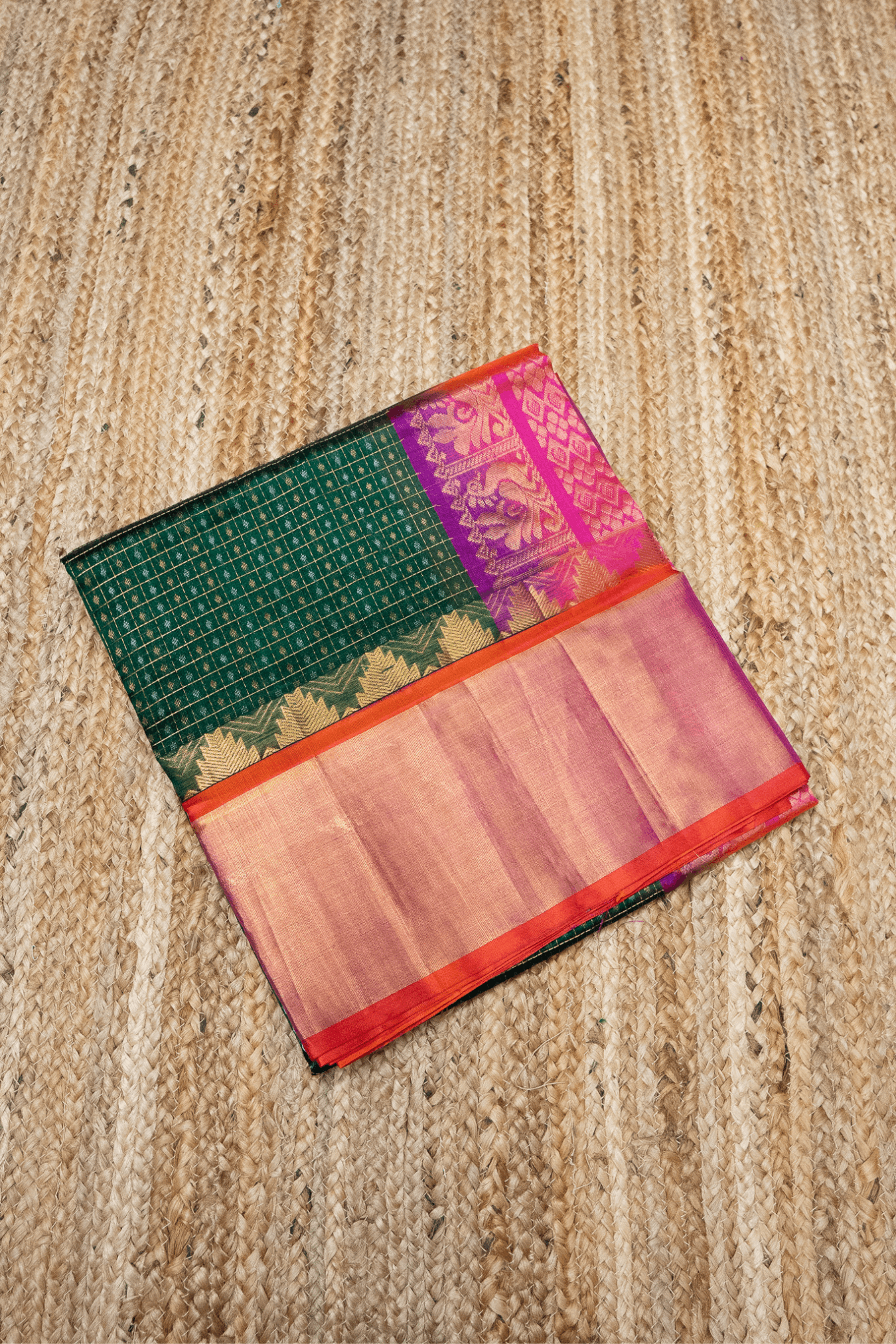 Cadmium Green-Pink border Korvai Saree- 018