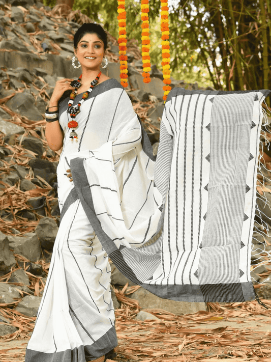 Powder White -Handloom Cotton Saree-074